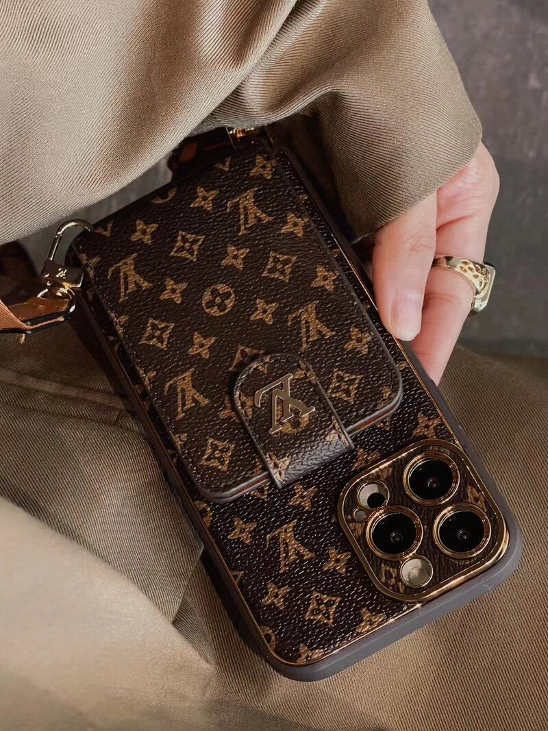 Avansert iPhone-deksel i skinn med kortlommebok og stropp