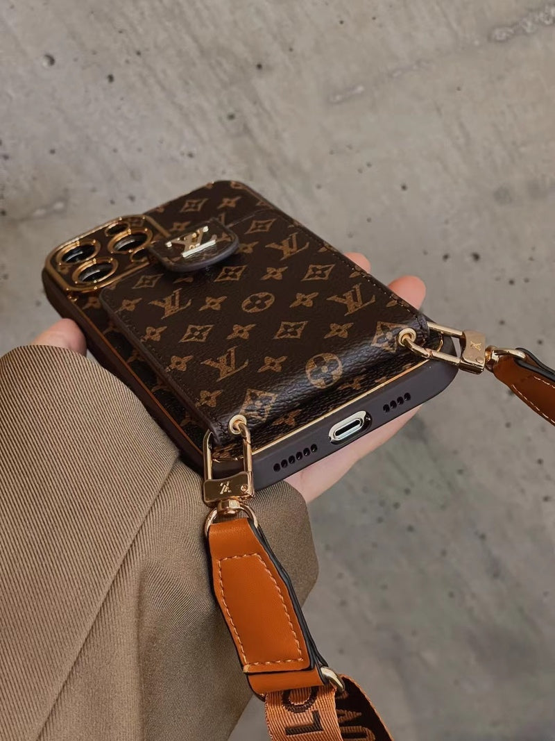 Avansert iPhone-deksel i skinn med kortlommebok og stropp