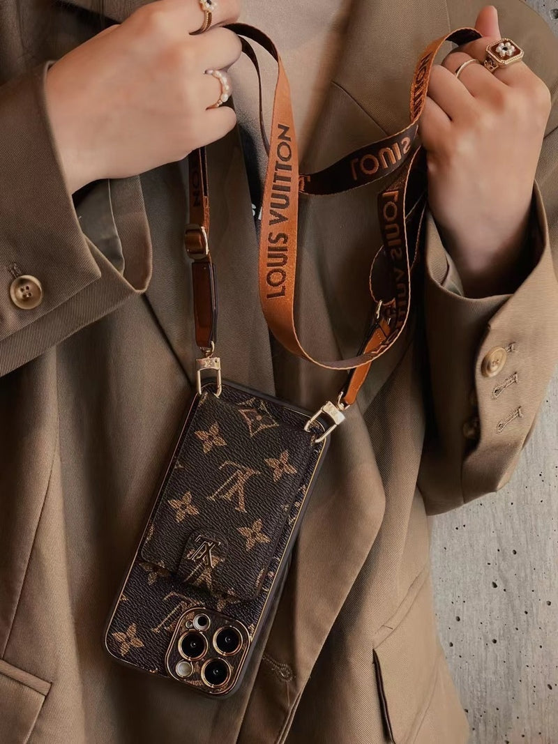 Avansert iPhone-deksel i skinn med kortlommebok og stropp