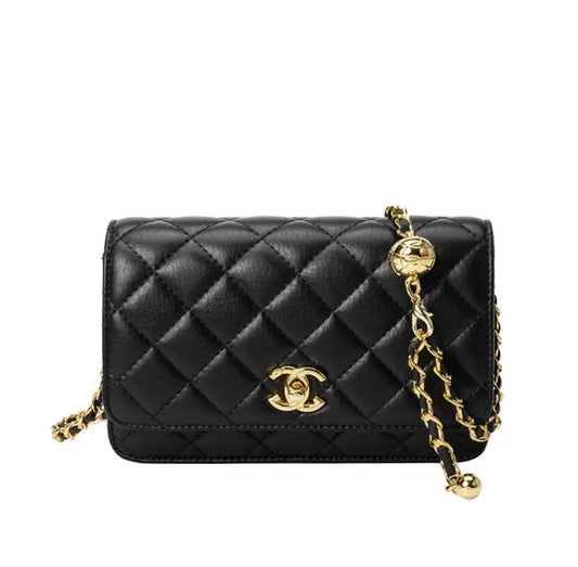 鏈條錢包閃亮小羊皮珍珠金色金屬