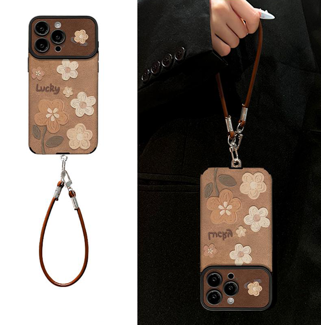 Étui de téléphone en cuir floral avec dragonne amovible