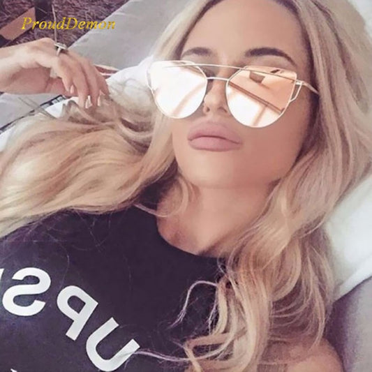 Cat Eye Vintage Marke Designer Rose Gold Spiegel Sonnenbrille Für Frauen Metall Reflektierende flache linse Sonnenbrille Weibliche oculos