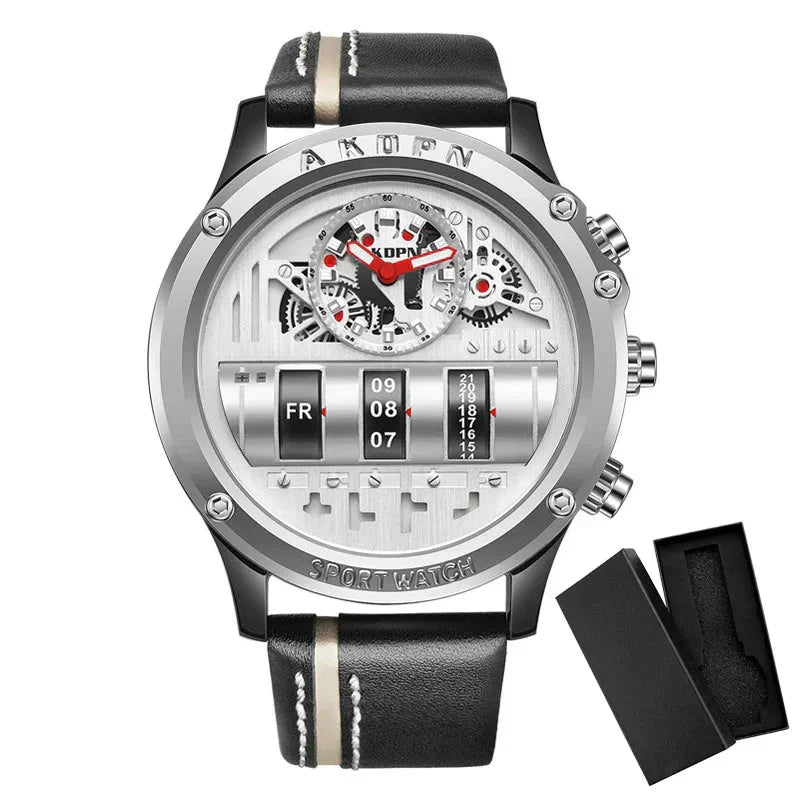 Stylish Quartz Men's Watch with Unique Rotating Date and Leather Strap - Military-Inspired Casual Timepiece