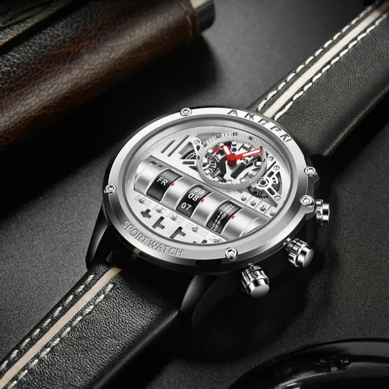 Stylish Quartz Men's Watch with Unique Rotating Date and Leather Strap - Military-Inspired Casual Timepiece